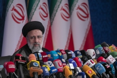 Iranian President-Elect Ebrahim Raisi holds a press conference at Shahid Beheshti conference hall on June 21, 2021 in Tehran, Iran. (Photo credit: Majid Saeedi/Getty Images)