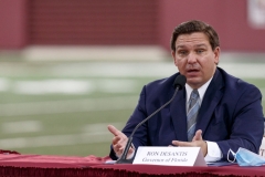 : Florida Gov. Ron DeSantis speaks during a collegiate athletics roundtable about fall sports at the Albert J. Dunlap Athletic Training Facility on the campus of Florida State University on August 11, 2020 in Tallahassee, Florida. (Photo by Don Juan Moore/Getty Images)
