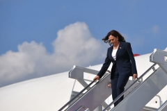 Vice President Kamala Harris deplanes upon arrival at Andrews Air Force Base in Maryland on June 14, 2021. - Harris returned to Washington after kicking of the administration's vaccination tour in Greenville, South Carolina. (Photo by MANDEL NGAN/AFP via Getty Images)