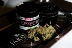 Dizzy Wright's Dizzy Con Leche cannabis flowers are displayed on a rolling tray in the green room at Jardin Premium Cannabis Dispensary on April 22, 2021 in Las Vegas, Nevada. (Photo by Gabe Ginsberg/Getty Images)
