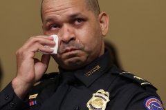 U.S. Capitol Police officer Sgt. Aquilino Gonell reacts during the Select Committee investigation of the Jan. 6, 2021, attack on the U.S. Capitol. (Photo credit: CHIP SOMODEVILLA/POOL/AFP via Getty Images)