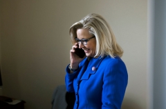 Congresswoman Liz Cheney on the phone in her office in the Cannon Bldg. after losing her GOP leadership role. (Photo by David Hume Kennerly/Center for Creative Photography/University of Arizona via Getty Images)