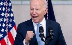 President Joe Biden gestures as he speaks about voting rights at the National Constitution Center in Philadelphia, Pennsylvania, July 13, 2021. (Photo by SAUL LOEB/AFP via Getty Images)