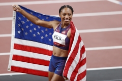 Bronze medalist Allyson Felix of Team USA celebrates after competing in the Women's 400m. (Photo credit: Fred Lee/Getty Images)