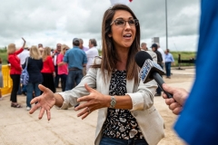 Rep. Lauren Boebert (R-CO) speaks to a reporter during a visit to the border wall near Pharr, Texas on June 30, 2021. - Former President Donald Trump visited the area with Texas Gov. Greg Abbott to address the surge of unauthorized border crossings that they blame on the Biden administration's change in policies. (Photo by SERGIO FLORES/AFP via Getty Images)