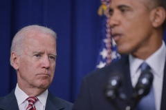 Then-Vice President Joe Biden (L) watches as then-President Barack Obama speaks during a signing ceremony for H.R. 803, the Workforce Innovation and Opportunity Act, on July 22, 2014. (Photo credit: MANDEL NGAN/AFP via Getty Images)