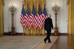 President Joe Biden walks away without taking questions after speaking about the Taliban's takeover of Afghanistan on August 16, 2021. (Photo by BRENDAN SMIALOWSKI/AFP via Getty Images)