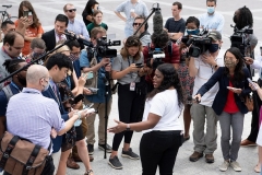 Rep. Cori Bush (D-Mo.) speaks to the press on August 3 about her protest aimed at continuing the eviction moratorium. (Photo by BRENDAN SMIALOWSKI/AFP via Getty Images)