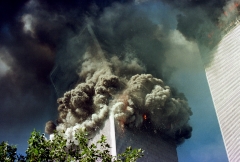 The south tower of the World Trade Center collapses Sept. 11, 2001 in New York City. (Photo credit: Thomas Nilsson/Getty Images)