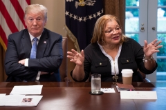 President Donald Trump listens to Dr. Alveda King, niece of Dr. Martin Luther King Jr., during a meeting with inner city pastors at the White House in Washington, D.C. (Photo credit: JIM WATSON/AFP via Getty Images)
