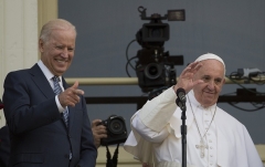 Then-Vice President Joe Biden with Pope Francis in Washington in 2015. (Photo by Andrew Caballero-Reynolds/AFP via Getty Images)