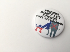 Featured is a pin bearing the likeness of both the Republican and Democrat party animals. (Photo credit: Patricia Marroquin/Contributor/Getty Images)