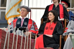 MIT President Leo Rafael Reif and Sheryl Sandberg on stage at the Massachusetts Institute of Technology Commencement Exercises. (Photo credit: Paul Marotta/Getty Images)
