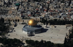 An aerial photo shows part of the Temple Mount/ Haram al-Sharif in Jerusalem, with the Dome of the Rock mosque in the center. The Al-Aqsa mosque is off camera, to the left.  (Photo by Menahem Kahana/AFP via Getty Images)