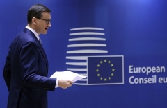 Poland's Prime Minister Mateusz Morawiecki attends a European Union (EU) summit at The European Council Building in Brussels on October 21, 2021. (Photo by YVES HERMAN/POOL/AFP via Getty Images)