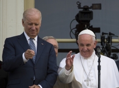 Pope Francis stands with then-Vice President Joe Biden after speaking at the US Capitol on September 24, 2015. (Photo by Andrew Caballero-Reynolds/AFP via Getty Images)