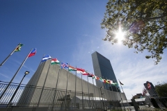 U.N. member-states’ flags fly in front of U.N. headquarters in New York. (Photo by Dominick Reuter/AFP via Getty Images)