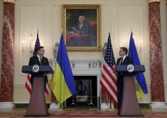 Secretary of State Antony Blinken and Ukrainian Foreign Minister Dmytro Kuleba at the State Department on Wednesday. (Photo by Leah Mills /Pool/ AFP via Getty Images)