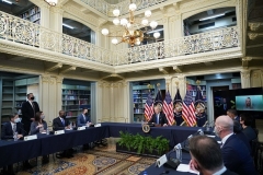 President Joe Biden takes part in a roundtable with CEOs in the library of the Eisenhower Executive Office Building on November 29, 2021. (Photo by MANDEL NGAN/AFP via Getty Images)