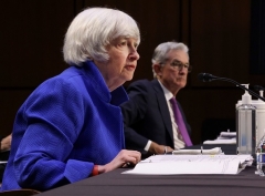 Treasury Secretary Janet Yellen and Federal Reserve Chairman Jerome Powell testify at an earlier hearing of the Senate Banking, Housing and Urban Affairs Committee. (File Photo by KEVIN DIETSCH/POOL/AFP via Getty Images)