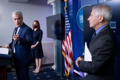Jeff Zients, the White House's Covid-19 response czar, speaks as White House Press Secretary Jen Psaki and US National Institute of Allergy and Infectious Diseases Anthony Fauci listen during a press briefing at the White House where they spoke about a pause in issuing the Johnson & Johnson Covid-19 vaccine on April 13, 2021, in Washington, DC. (Photo by BRENDAN SMIALOWSKI/AFP via Getty Images)