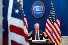 President Joe Biden speaks during a meeting of the Presidents Council of Advisors on Science and Technology in the South Court Auditorium of the Eisenhower Executive Office Building on the White House campus in Washington, DC, January 20, 2022. (Photo by SAUL LOEB/AFP via Getty Images)