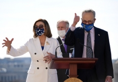 Speaker of the House Nancy Pelosi and Senate Majority Leader Chuck Schumer will use gimmicks in an attempt to pass federal election rules that all Republicans reject as an erosion of voter integrity. (Photo by OLIVIER DOULIERY/AFP via Getty Images)