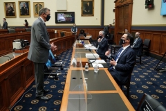 Rep. French Hill (R-AR) greets Treasury Secretary Steven Mnuchin as he arrives for a House Financial Services Committee hearing on "Oversight of the Treasury Department's and Federal Reserve's Pandemic Response" in the Rayburn House Office Building in Washington, DC, on December 2, 2020. (Photo by GREG NASH/POOL/AFP via Getty Images)