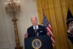 President Joe Biden speaks in the East Room of the White House about Russian military activity near Ukraine February 22, 2022, in Washington, DC. (Photo by BRENDAN SMIALOWSKI/AFP via Getty Images)