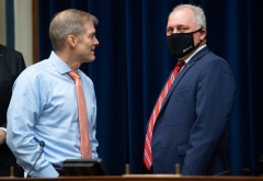 Rep. Jim Jordan (R-Ohio) speaks with Rep. Steve Scalise (R-La.) at the U.S. Capitol on June 22, 2021. (Photo by SAUL LOEB/POOL/AFP via Getty Images)