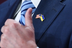 Wearing a pin with the U.S. and Ukraine flags, Sen. Lindsey Graham (R-SC) speaks on a Senate resolution urging the Biden Administration to transfer aircraft and air defense systems to Ukraine. (Photo credit: MANDEL NGAN/AFP via Getty Images)