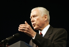 Sen. Orrin Hatch (R-UT) gestures as he speaks in Salt Lake City, Utah during the Veterans of Foreign Wars convention. (Photo credit: JIM WATSON/AFP via Getty Images)