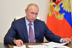 Russia President Vladimir Putin chairs a video meeting of the Pobeda (Victory) organizing committee at the Novo-Ogaryovo state residence. (Photo credit: ALEXEI DRUZHININ-Sputnik/AFP via Getty Images)