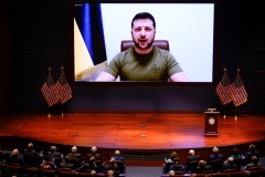 Ukrainian President Volodymyr Zelensky virtually addresses the U.S. Congress on March 16, 2022. (Photo credit: J. SCOTT APPLEWHITE/POOL/AFP via Getty Images)