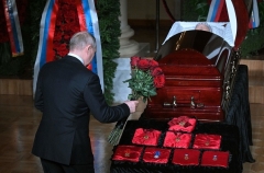 On April 8, 2022, Russian President Vladimir Putin lays flowers for the late Russian nationalist politician Vladimir Zhirinovsky, a key figure in the country's post-Soviet history, who died at the age of 75. (Photo by SERGEI GUNEYEV/SPUTNIK/AFP via Getty Images)