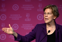Sen. Elizabeth Warren (D-MA) gives a speech. (Photo credit: ANDREW CABALLERO-REYNOLDS/AFP via Getty Images)