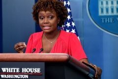 New White House Press Secretary Karine Jean-Pierre speaks to reporters in the James S Brady Press Briefing Room of the White House in Washington, DC, on May 16, 2022. (Photo by NICHOLAS KAMM/AFP via Getty Images)
