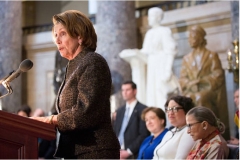 Speaker Pelosi speaking at a Women's History Month reception at the U.S. Capitol that honored then-Justice Ruth Bader Ginsburg and Justices Sonial Sotomayor and Elena Kagan. (Photo by Allison Shelley/Getty Images)