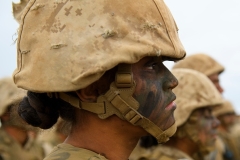 U.S. Marinee Corps recruits from Lima Company, the first gender integrated training class in San Diego, stand in formation during The Crucible, the final part of phase three of recruit training before officially becoming US Marines on April 21, 2021 at Camp Pendleton in San Diego County, California. (Photo by PATRICK T. FALLON/AFP via Getty Images)