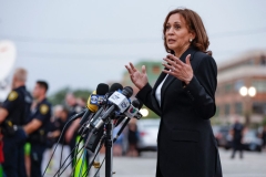 Vice President Kamala Harris speaks during a surprise visit to the site of a shooting which left seven dead in Highland Park, Illinois, on July 5, 2022. (Photo by KAMIL KRZACZYNSKI/AFP via Getty Images)
