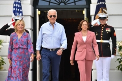 First Lady Jill Biden, US President Joe Biden and US Vice President Kamala Harris, arrive for the White House Congressional Picnic on July 12, 2022 in Washington, DC. (Photo by NICHOLAS KAMM/AFP via Getty Images)