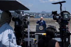 President Joe Biden delivers remarks at the former location of the Brayton Point Power Station in Somerset, Massachussets, on July 20, 2022. - Biden warned that climate change represents a "clear and present danger" to the nation, as he outlined new executive action aimed at tackling global warming. (Photo by BRENDAN SMIALOWSKI/AFP via Getty Images)