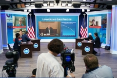 President Joe Biden speaks during a virtual meeting with members of his economic team on gas prices in the South Court Auditorium of the Eisenhower Executive Office Building, next to the White House, in Washington, DC on July 22, 2022. - Biden is conducting the meeting virtually after testing positive for the coronavirus the previous day, experiencing mild symptoms according to the White House. (Photo by MANDEL NGAN/AFP via Getty Images)