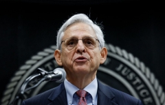 Attorney General Merrick Garland delivers remarks at the swearing in ceremony of the new Bureau of Prisons (BOP) Director Colette Peters, not pictured, at BOP headquarters in Washington, DC, on August 2, 2022. (Photo by EVELYN HOCKSTEIN/POOL/AFP via Getty Images)