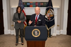 President Joe Biden, with US Vice President Kamala Harris, speaks about border security and enforcement, in the Roosevelt Room of the White House in Washington, DC, on January 5, 2023. (Photo by JIM WATSON/AFP via Getty Images)