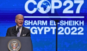  President Joe Biden delivers a speech during the COP27 climate conference in Egypt's Red Sea resort city of Sharm el-Sheikh, on November 11, 2022. - Biden arrived at UN climate talks in Egypt today, armed with major domestic achievements against global warming but under pressure to do more for countries reeling from natural disasters (Photo by AHMAD GHARABLI/AFP via Getty Images)