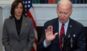 President Joe Biden, with US Vice President Kamala Harris, speaks about border security and enforcement in the Roosevelt Room of the White House in Washington, DC, on January 5, 2023. (Photo by JIM WATSON/AFP via Getty Images)