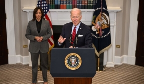 President Joe Biden, with US Vice President Kamala Harris, speaks about border security and enforcement, in the Roosevelt Room of the White House in Washington, DC, on January 5, 2023. (Photo by JIM WATSON/AFP via Getty Images)