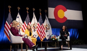  Vice President Kamala Harris (R) is joined on stage by Sasha DiGiulian (C) and US Representative Brittany Pettersen (D-CO) during a moderated conversation on the investments that have been made to tackle the climate crisis, as well as the work ahead, at the Arvada Center for Performing Arts in Arvada, Colorado, on March 6, 2023. (Photo by JASON CONNOLLY/AFP via Getty Images)