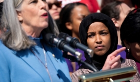Representative Ilhan Omar (D-MN) looks on as Representative Katherine Clark (D-MA) speaks during a news conference on gun violence outside the US Capitol in Washington, DC, on March 29, 2023. (Photo by STEFANI REYNOLDS/AFP via Getty Images)